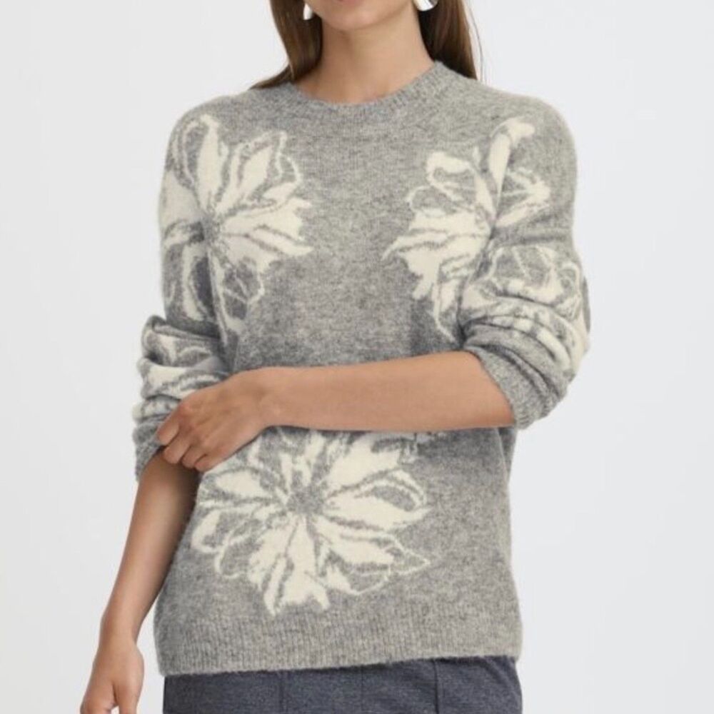 b.young Byomea Flower Jumper 2 Grey Floral Knit Sweater Women's L NWT